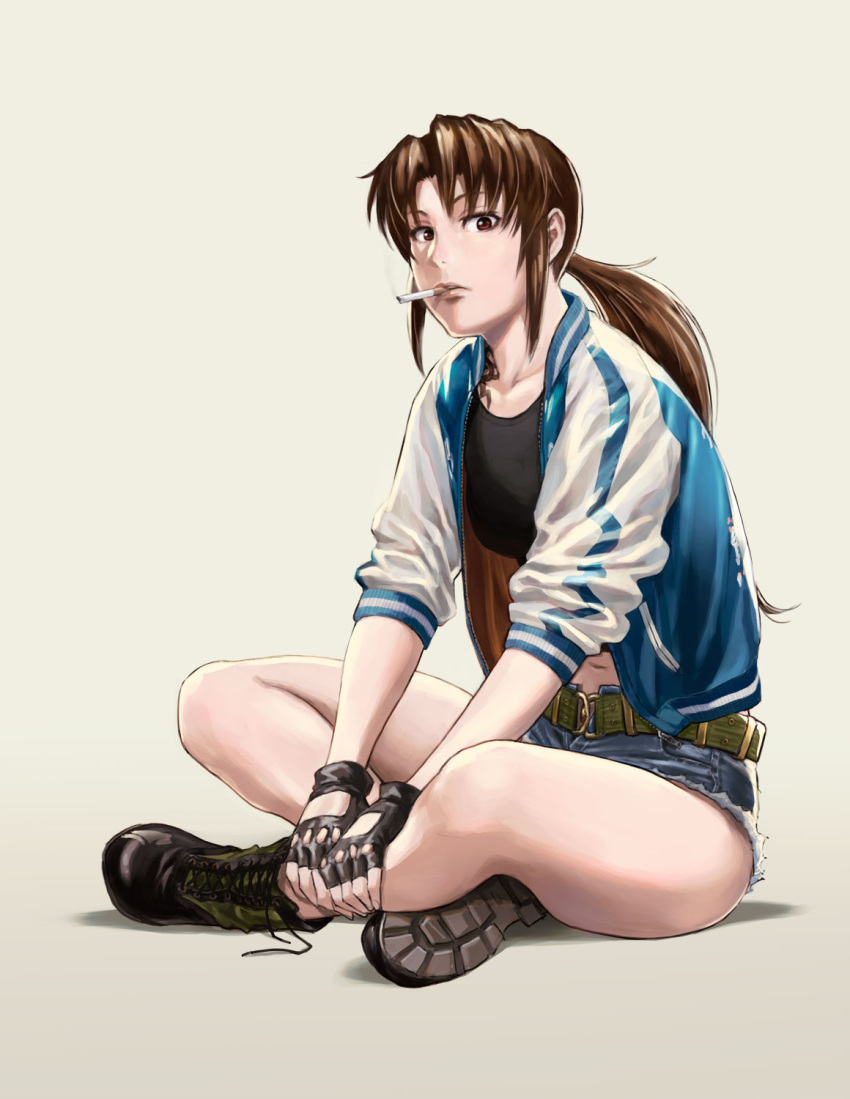 1girl azasuke belt black_gloves black_lagoon boots breasts brown_eyes brown_hair cigarette fingerless_gloves gloves highres indian_style jacket long_hair looking_at_viewer navel ponytail revy_(black_lagoon) shorts sitting smoke smoking solo