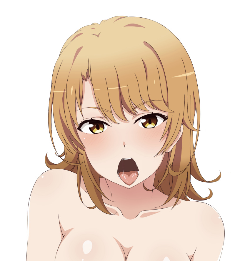 1girl absurdres asymmetrical_bangs bangs blonde_hair breasts cleavage collarbone eyebrows_visible_through_hair hair_between_eyes highres isshiki_iroha long_hair looking_at_viewer medium_breasts nude open_mouth portrait saliva saliva_trail sexually_suggestive shiny shiny_hair shiny_skin shou937 simple_background solo tongue tongue_out white_background yahari_ore_no_seishun_lovecome_wa_machigatteiru. yellow_eyes