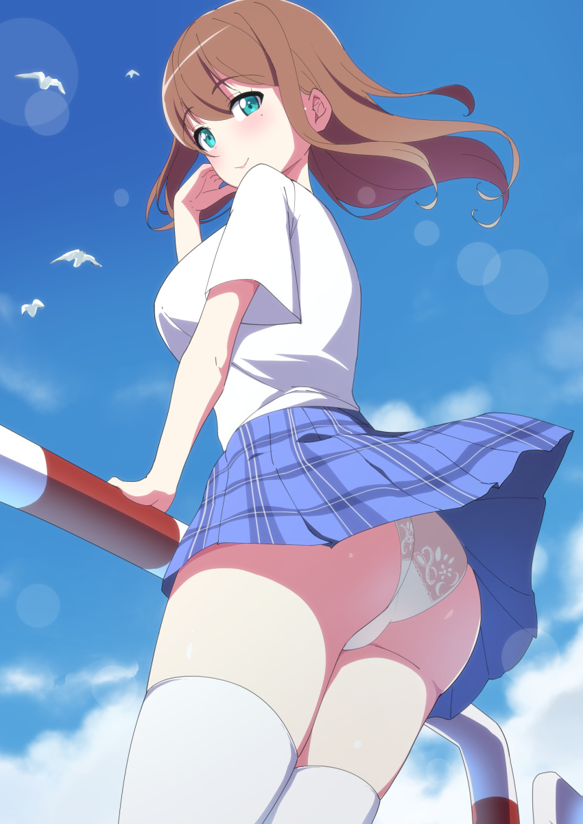 1girl aqua_eyes ass bangs bird blue_skirt blue_sky brown_hair closed_mouth cloud commentary_request day eyebrows_visible_through_hair hair_blowing highres lens_flare looking_at_viewer looking_to_the_side medium_hair original outdoors panties plaid plaid_skirt pleated_skirt railing sakamata seagull shirt short_sleeves skirt sky smile solo standing thighhighs thighs underwear white_legwear white_panties white_shirt wind wind_lift