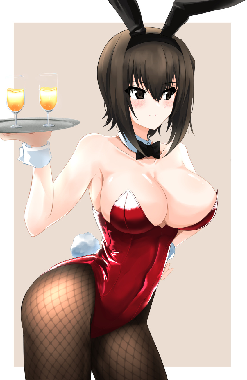 1girl absurdres aikir_(jml5160) animal_ears beige_background black_eyes black_hair black_legwear black_neckwear border bow bowtie breasts bunny_ears bunny_tail cleavage commentary_request cowboy_shot cup detached_collar drinking_glass fishnet_legwear fishnets girls_und_panzer highres large_breasts leotard looking_to_the_side nishizumi_maho pantyhose playboy_bunny red_leotard short_hair solo strapless strapless_leotard tail tray two-tone_background white_border wine_glass wrist_cuffs