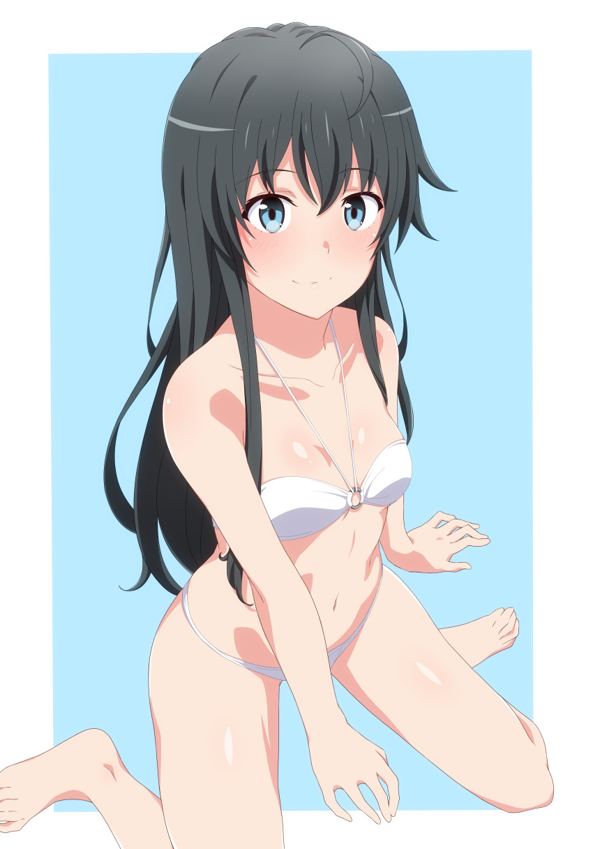 1girl absurdres bag barefoot between_legs bikini black_hair blue_background blue_eyes border breasts closed_mouth collarbone eyebrows_visible_through_hair hair_between_eyes halterneck hand_between_legs highres legs long_hair navel outside_border shiny shiny_hair shiny_skin shou937 sitting small_breasts smile solo straight_hair swimsuit very_long_hair wariza white_bikini white_border yahari_ore_no_seishun_lovecome_wa_machigatteiru. yukinoshita_yukino