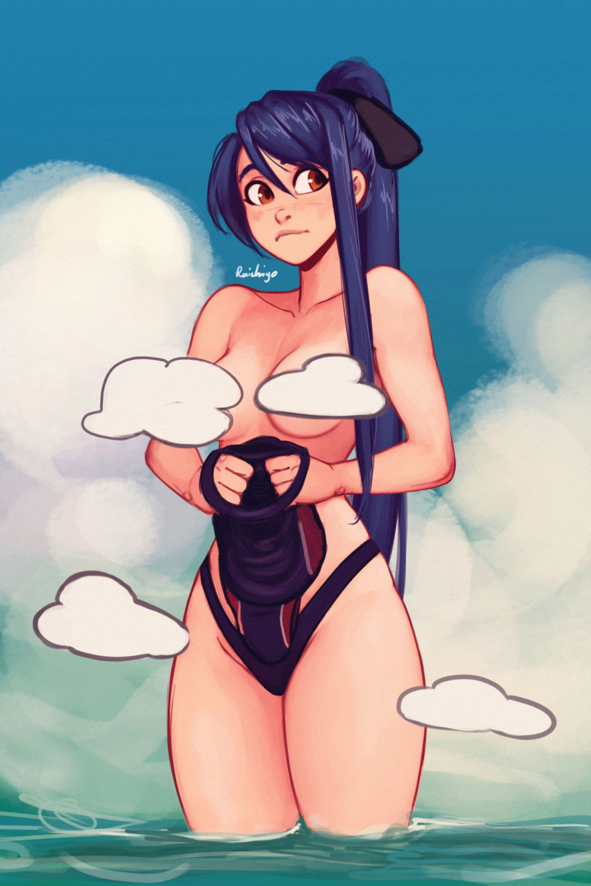 1girl absurdres artist_name black_ribbon blue_hair blue_sky blue_swimsuit blush breasts censored closed_mouth cloud cloudy_sky collarbone commentary cowboy_shot eiyuu_densetsu english_commentary groin hair_between_eyes hair_ribbon highleg highleg_swimsuit highres holding holding_swimsuit laura_s._arseid lips long_hair medium_breasts ponytail raichiyo33 red_eyes ribbon sen_no_kiseki signature sky solo swimsuit swimsuit_removed thighs topless wading water