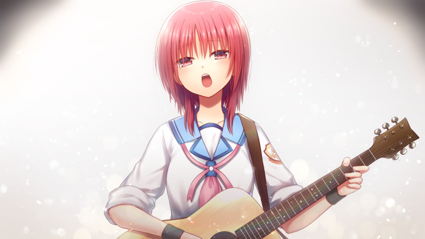 1girl angel_beats! black_wristband blue_sailor_collar closed_eyes grey_background guitar holding holding_instrument instrument iwasawa music nakamura_hinato neckerchief open_mouth pink_neckwear red_hair sailor_collar school_uniform serafuku shinda_sekai_sensen_uniform short_hair singing solo upper_body upper_teeth