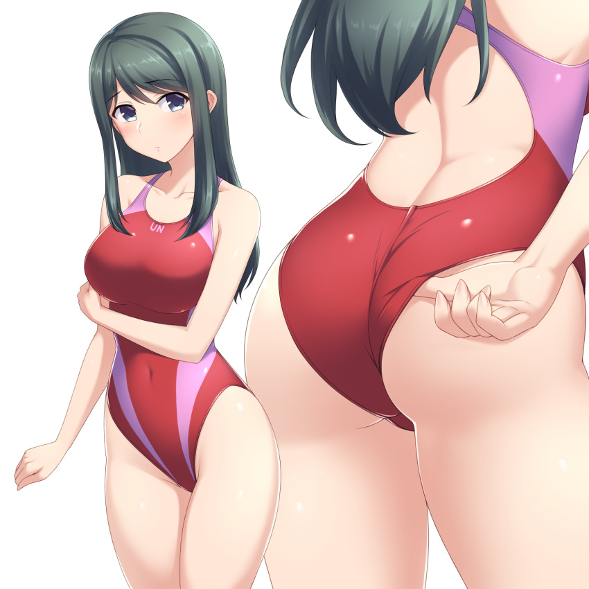 1girl adjusting_clothes ass bare_arms bare_shoulders black_hair blue_eyes breasts closed_mouth collarbone commentary_request competition_swimsuit covered_navel cowboy_shot eyebrows_visible_through_hair highleg highleg_swimsuit highres kazama_touko large_breasts long_hair looking_at_viewer multicolored multicolored_clothes multicolored_swimsuit multiple_views muvluv muvluv_alternative one-piece_swimsuit pataneet purple_swimsuit red_swimsuit shiny shiny_hair simple_background standing striped striped_swimsuit swimsuit white_background