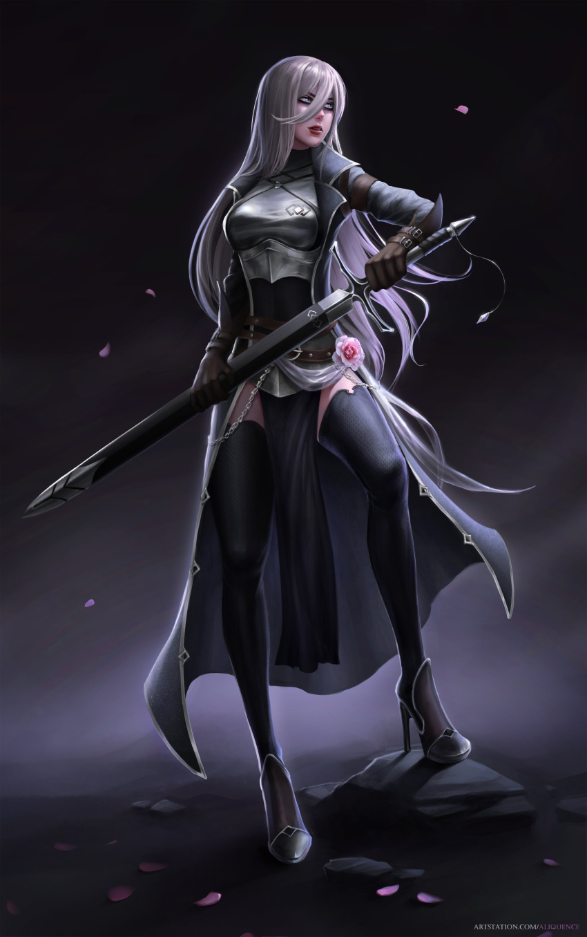 1girl absurdres alisa_nilsen angelise_reiter armor black_legwear breastplate brown_gloves coat final_fantasy final_fantasy_xiv flower full_body gloves grey_eyes grey_hair hair_between_eyes high_heels highres holding holding_sword holding_weapon long_hair long_sleeves parted_lips pink_flower pink_rose rose solo sword thighhighs weapon