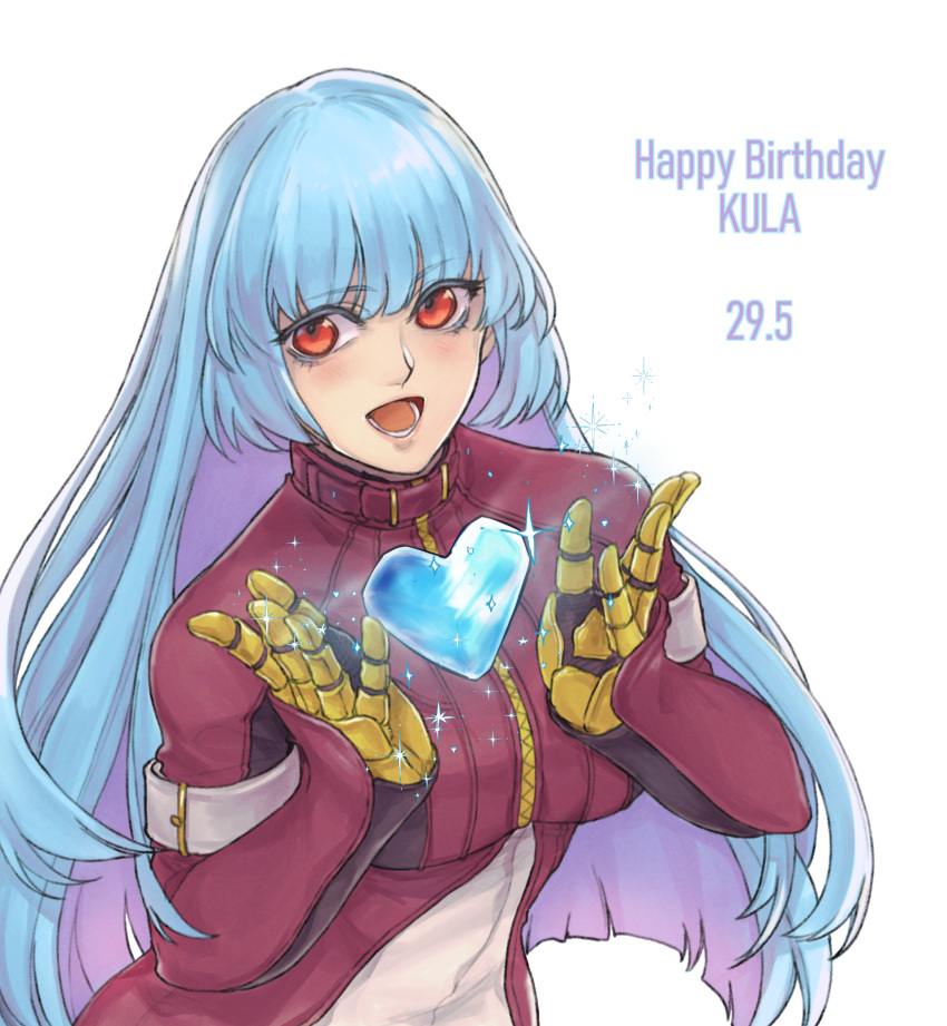 1girl :d bangs belt birthday blue_hair blush bodysuit breasts character_name commentary dated english_text eyebrows_visible_through_hair happy_birthday heart highres ice kthovhinao_virmi kula_diamond long_hair looking_at_viewer medium_breasts open_mouth purple_eyes simple_background smile solo sparkle the_king_of_fighters white_background zipper