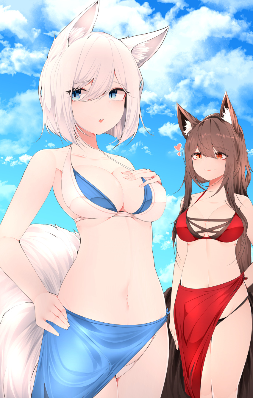 2girls absurdres akagi_(azur_lane) akagi_(paradise_amaryllis)_(azur_lane) animal_ear_fluff animal_ears azur_lane bikini blue_bikini blue_eyes blue_sarong blue_sky breasts brown_hair brown_tail cleavage eyeliner fox_ears fox_tail hand_on_own_chest heart highres huge_filesize kaga_(azur_lane) kaga_(everlasting_killing_stone)_(azur_lane) kitsune kyuubi large_breasts long_hair makeup medium_breasts multiple_girls multiple_tails official_alternate_costume red_bikini red_eyes red_sarong samip sarong short_hair sky swimsuit tail two-tone_bikini white_bikini white_hair white_tail