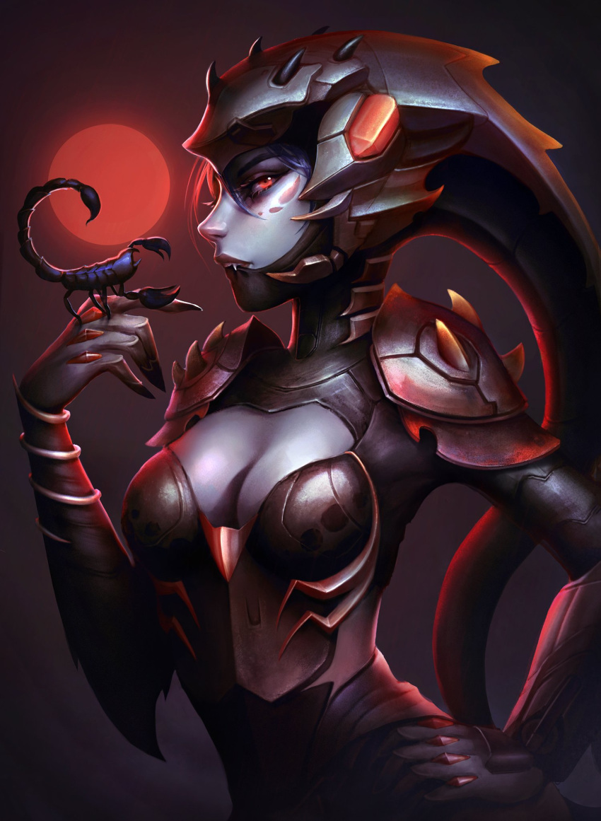 1girl alisa_nilsen bodysuit boobplate bracer breasts bug claw_ring cleavage_cutout clothing_cutout contrapposto fang fangs from_side grey_hair hand_on_hip hand_up helmet highres insect insect_on_finger looking_at_viewer medium_breasts official_alternate_costume overwatch profile purple_hair red_eyes scorpion scorpion_widowmaker sideways_glance solo widowmaker_(overwatch)