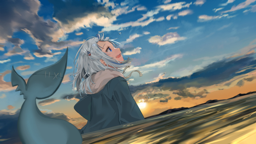 1girl absurdres blue_eyes blue_hair blue_hoodie blue_sky cloud cloudy_sky commentary dawn day dutch_angle english_commentary fish_tail from_side gawr_gura hair_ornament highres hololive hololive_english hood hoodie looking_up mashiro_chun medium_hair multicolored_hair ocean open_mouth outdoors profile scenery shark_hair_ornament shark_tail sharp_teeth short_twintails silver_hair sky smile solo stitches streaked_hair tail teeth twintails two-tone_hair two_side_up upper_body virtual_youtuber wading