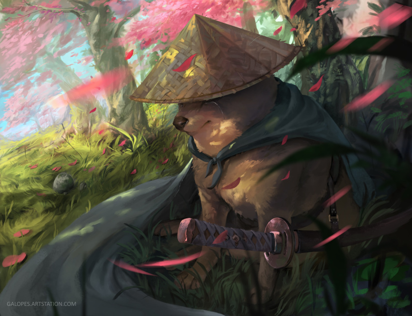 absurdres animal animal_focus artstation_username brown_hair cape cheemsburger_(doge) commentary day dog doge english_commentary galopes grass hat highres katana motion_blur no_humans original outdoors petals rice_hat sheath sheathed stone sword tearing_up tree watermark weapon web_address wind