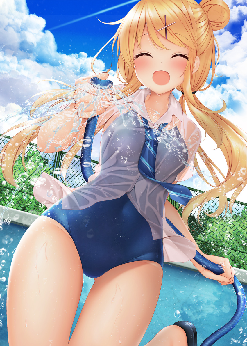 1girl :d bare_shoulders blonde_hair blue_neckwear blue_swimsuit blush chain-link_fence closed_eyes cloud cloudy_sky collared_shirt commentary_request competition_school_swimsuit day eyebrows_visible_through_hair facing_viewer fence hair_between_eyes hair_ornament hairclip highres holding_hose hose kin-iro_mosaic kujou_karen leg_up long_hair low_twintails minato_ojitan navel necktie one-piece_swimsuit open_mouth outdoors pool revision see-through shirt sky slippers smile solo swimsuit swimsuit_under_clothes tree twintails water wet wet_clothes white_shirt x_hair_ornament