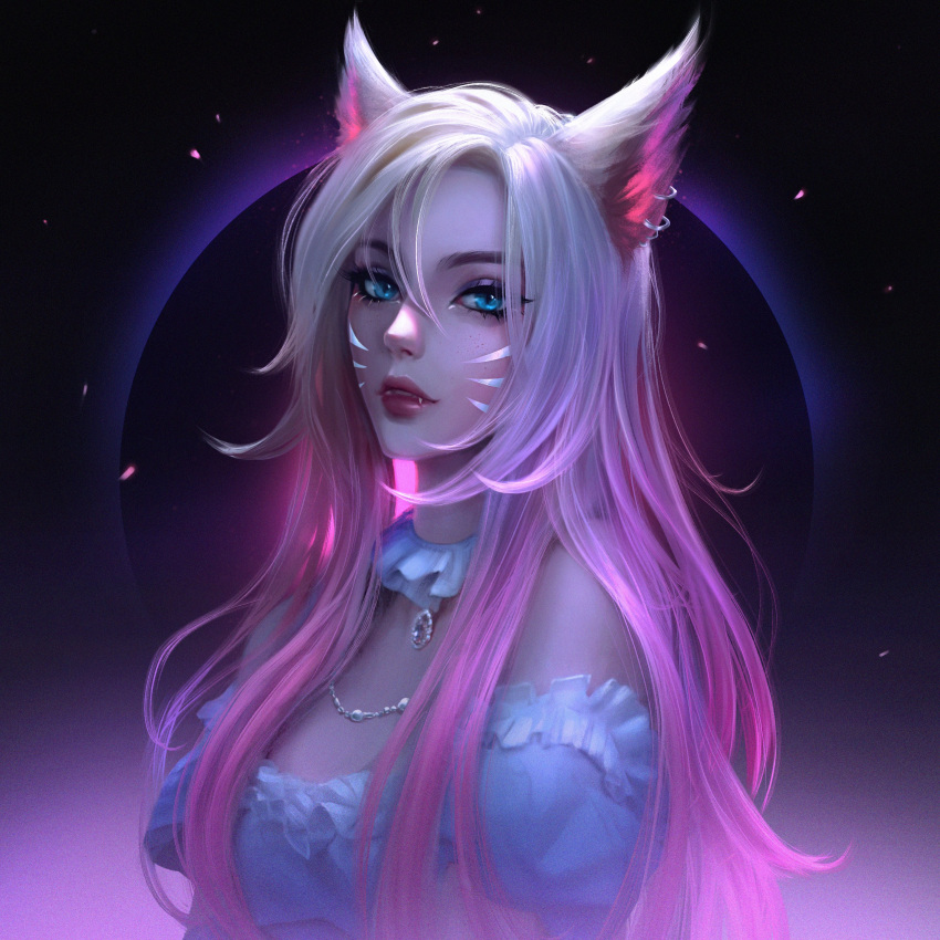 1girl absurdres ahri alisa_nilsen animal_ears bandeau blonde_hair blue_eyes earrings eyeshadow facial_mark fangs fox_ears freckles hair_between_eyes highres jewelry k/da_(league_of_legends) k/da_ahri league_of_legends lipstick long_hair looking_at_viewer makeup multicolored_hair necklace parted_lips pink_hair puffy_short_sleeves puffy_sleeves red_lips short_sleeves slit_pupils solo two-tone_hair upper_body whisker_markings