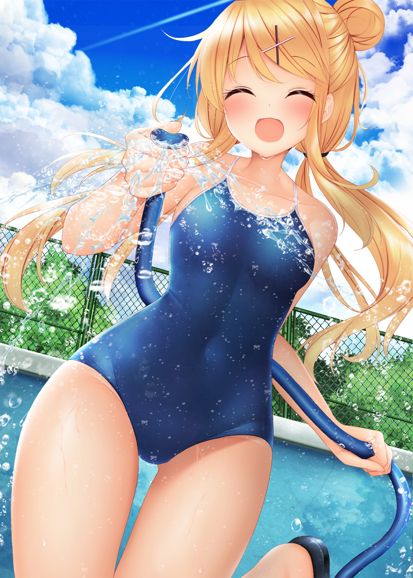 1girl :d bare_shoulders blonde_hair blue_neckwear blue_swimsuit blush chain-link_fence closed_eyes cloud cloudy_sky commentary_request competition_school_swimsuit day eyebrows_visible_through_hair facing_viewer fence hair_between_eyes hair_ornament hairclip highres holding_hose hose kin-iro_mosaic kujou_karen leg_up long_hair low_twintails minato_ojitan navel necktie one-piece_swimsuit open_mouth outdoors pool revision sky slippers smile solo swimsuit swimsuit_under_clothes tree twintails underwear water x_hair_ornament