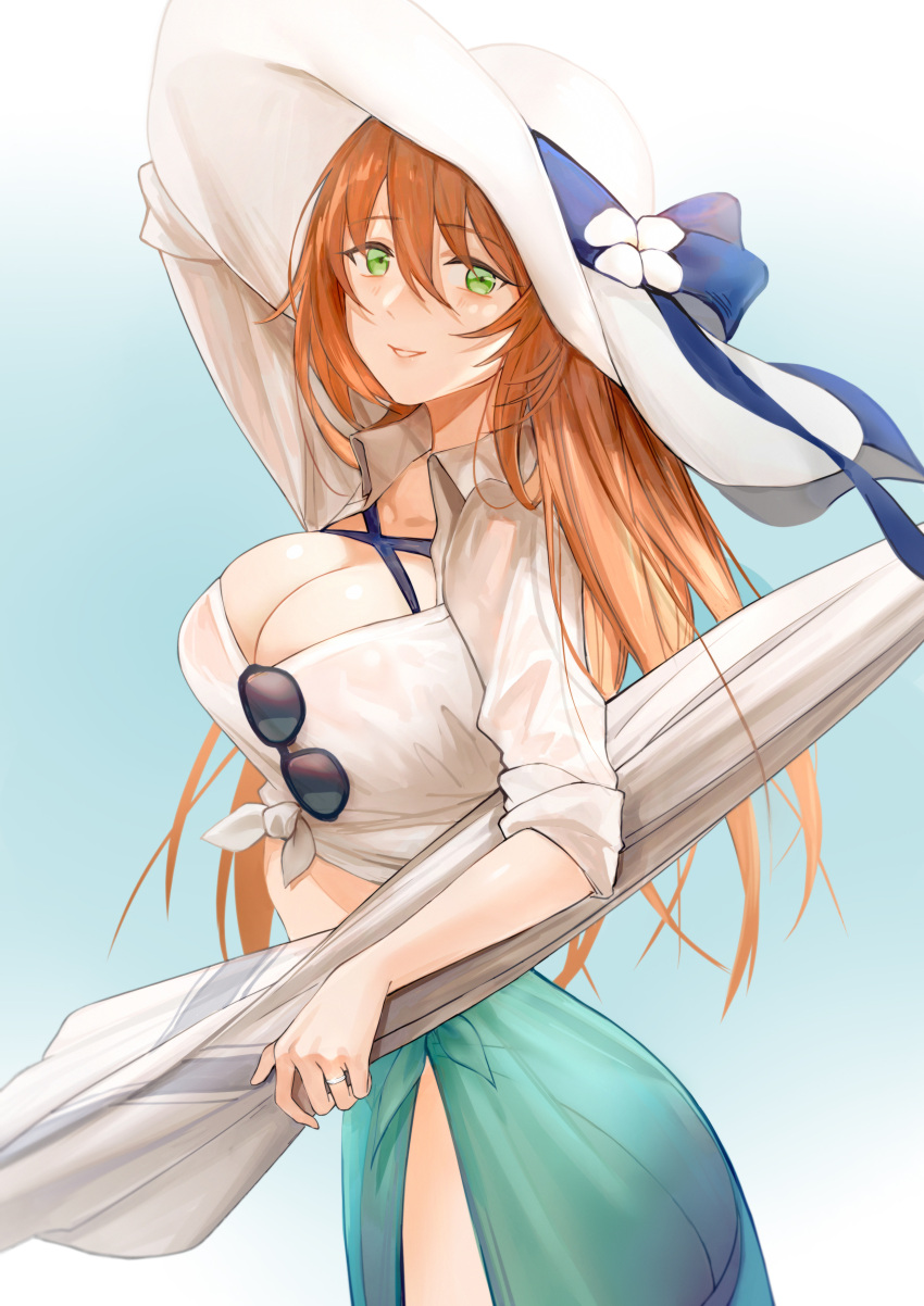 1girl absurdres bikini bikini_under_clothes blue_background breasts cl_(summer_sama) cleavage eyebrows_visible_through_hair girls_frontline gradient gradient_background green_eyes hair_between_eyes hat highres holding holding_umbrella jewelry large_breasts long_hair m1903_springfield_(girls_frontline) orange_hair parasol parted_lips raglan_sleeves ring sarong shirt smile solo sun_hat sunglasses swimsuit tied_shirt umbrella wedding_band white_headwear white_shirt