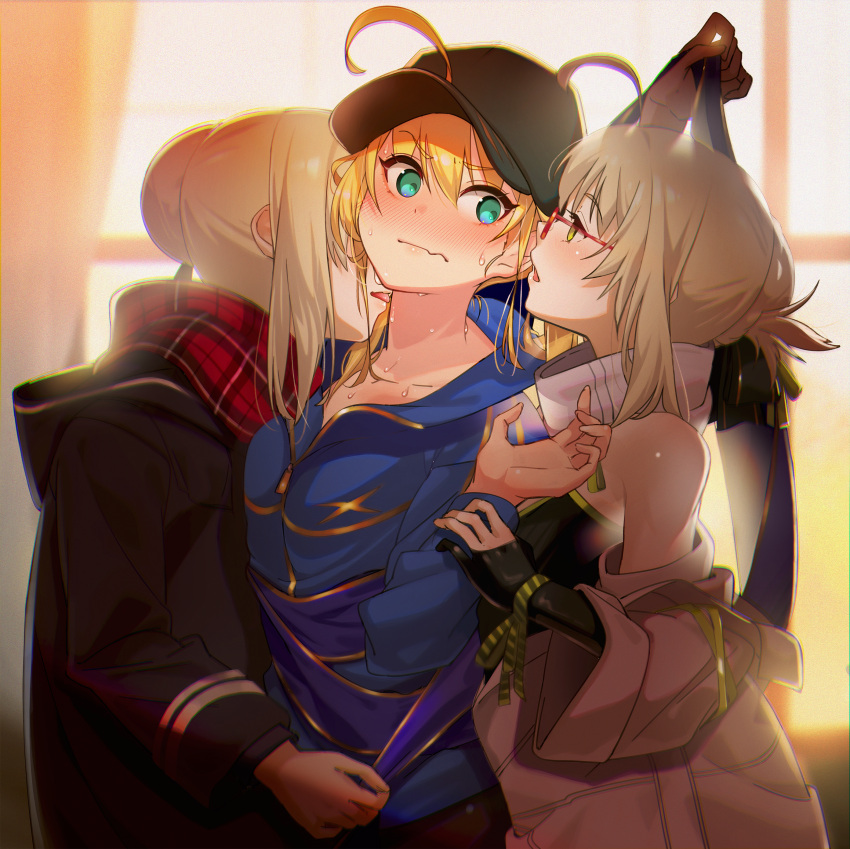 3girls absurdres ahoge artoria_pendragon_(all) bangs bare_shoulders baseball_cap black_headwear black_shirt blonde_hair blue_jacket blue_scarf blush braid breasts closed_mouth ears eyebrows_visible_through_hair fate/grand_order fate_(series) french_braid glasses green_eyes hair_between_eyes hair_bun hat highres hood hooded_jacket huge_filesize jacket long_hair long_sleeves looking_at_another looking_to_the_side medium_breasts multiple_girls mysterious_heroine_x_(alter)_(fate) mysterious_heroine_x_(fate) mysterious_idol_x_(alter)_(fate) neck off_shoulder open_mouth plaid plaid_scarf ponytail purple_jacket red_scarf rojiura_satsuki:_chapter_heroine_sanctuary scarf selfcest shirt sidelocks small_breasts suppa_(hagakuresuppa) tongue tongue_out wavy_mouth white_jacket yellow_eyes yuri
