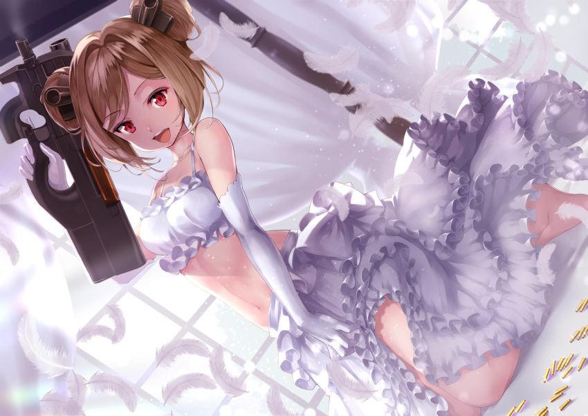 1girl :d alternate_costume arm_up bangs bare_shoulders breasts brown_hair bullet bullpup collarbone commentary_request curtains double_bun dutch_angle elbow_gloves eyebrows_visible_through_hair feathers frilled_skirt frills girls_frontline gloves gun highres holding holding_gun holding_weapon layered_skirt looking_at_viewer medium_breasts navel object_namesake open_mouth p90 p90_(girls_frontline) red_eyes rin2008 short_hair sidelocks skirt smile solo submachine_gun swept_bangs upper_teeth weapon white_feathers white_gloves white_skirt window