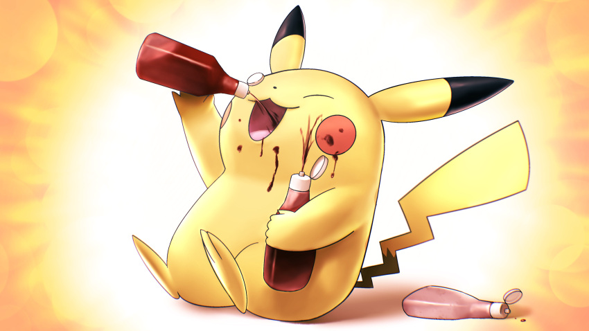 absurdres closed_eyes eating food food_on_face full_body gen_1_pokemon higa-tsubasa highres holding ketchup ketchup_bottle no_humans open_mouth pikachu pokemon pokemon_(anime) pokemon_(classic_anime) pokemon_(creature) pokemon_ep042 smile solo tongue |d