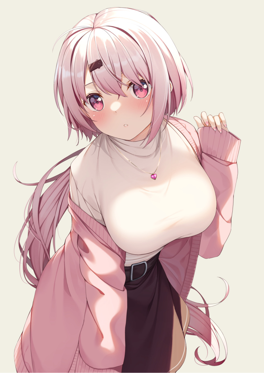 1girl belt black_belt blush breasts brown_skirt commentary grey_background hair_between_eyes hair_ornament hairclip highres jewelry large_breasts long_hair looking_at_viewer necklace nijisanji pink_eyes shiina_yuika simple_background skirt solo sweater turtleneck virtual_youtuber white_hair white_sweater yuuri_nayuta