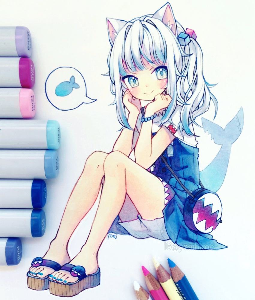 1girl animal_ears anny_(yoai) artist_name asymmetrical_hair bag bare_legs barefoot bead_bracelet beads blue_eyes blue_hair blue_nails blue_skirt blush bracelet cat_ears closed_mouth colored_pencil colored_pencil_(medium) commentary dress eyebrows_visible_through_hair fish fish_tail flat_chest full_body gawr_gura hair_cubes hair_ornament handbag hands_on_own_cheeks hands_on_own_chin hands_on_own_face head_rest highres hololive hololive_english instagram_username jewelry kemonomimi_mode legs legs_together looking_at_viewer marker marker_(medium) medium_hair multicolored_hair nail_polish official_alternate_costume pencil photo_(medium) platform_footwear pleated_skirt sandals shark_tail side_ponytail signature silver_hair simple_background sitting skirt skirt_set smile solo spoken_object streaked_hair symbol_commentary tail toenail_polish traditional_media two-tone_hair virtual_youtuber white_background white_dress