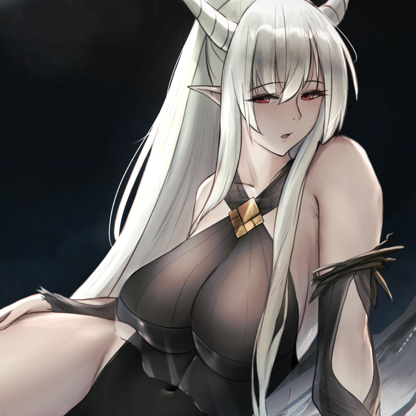 1girl arknights black_swimsuit blush breasts highres horns krirk large_breasts long_hair looking_at_viewer mature_female official_alternate_costume red_eyes shining shining_(arknights) shining_(silent_night)_(arknights) silver_hair swimsuit thick_thighs thighs water white_hair