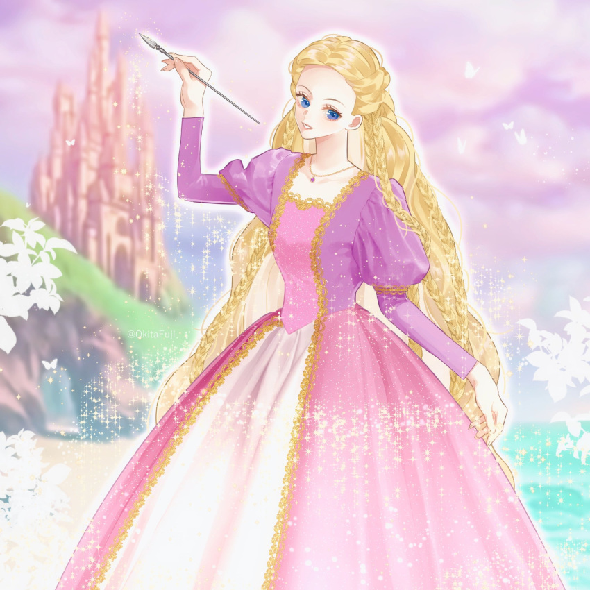 1girl absurdly_long_hair arm_up barbie_(character) barbie_(franchise) barbie_as_rapunzel barbie_movies beach blonde_hair blue_eyes braid bug building butterfly castle cliff cloud dress formal glowing gold_trim gown highres holding holding_paintbrush insect jewelry juliet_sleeves landscape long_dress long_hair long_sleeves magic medieval multicolored multicolored_clothes multicolored_dress multiple_braids necklace ocean okitafuji outdoors paintbrush pink_dress pink_skirt princess puffy_sleeves purple_dress purple_sky rapunzel_(barbie) rapunzel_(grimm) renaissance sand skirt sky smile solo sparkle square_neckline very_long_hair