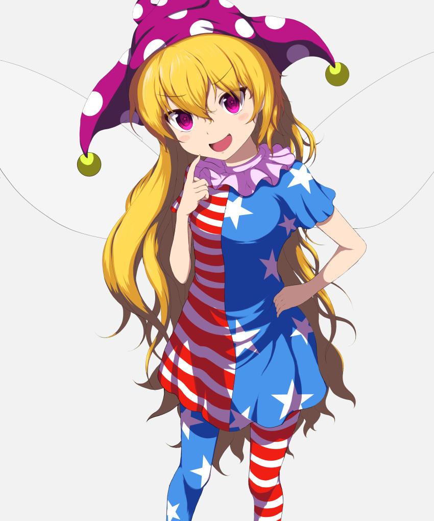 1girl :d absurdres american_flag_dress blonde_hair breasts clownpiece commentary_request fairy_wings feet_out_of_frame finger_to_own_chin from_above grey_background hand_on_hip hat highres jester_cap long_hair neck_ruff open_mouth pantyhose polka_dot purple_eyes shokabatsuki simple_background small_breasts smile solo star_(symbol) star_print touhou v-shaped_eyebrows very_long_hair wings
