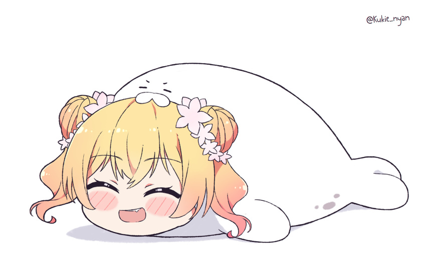 ^_^ animal_costume blonde_hair blush_stickers chibi closed_eyes commentary double_bun english_commentary fang flower hair_flower hair_ornament hololive kukie-nyan momosuzu_nene open_mouth seal seal_costume two_side_up virtual_youtuber |d