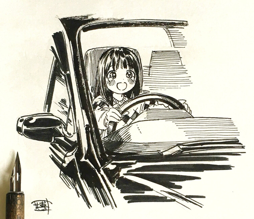 1girl bangs blush breasts car dip_pen driving ground_vehicle highres hiro_(dismaless) long_hair long_sleeves motor_vehicle open_mouth original photo_(medium) seat signature simple_background sitting solo steering_wheel sweater tears traditional_media