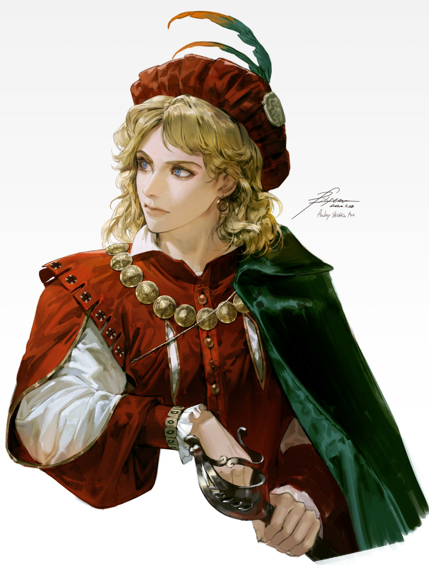 1girl absurdres blonde_hair blue_eyes buttons closed_mouth clothing_request earrings expressionless feathers frilled_sleeves frills hand_on_hilt hat highres holding holding_sheath holding_sword holding_weapon jewelry long_sleeves looking_to_the_side medium_hair necklace original rapier renaissance_clothes scabbard sheath shirt simple_background solo sword upper_body vlfdus_0 wavy_hair weapon white_background white_shirt