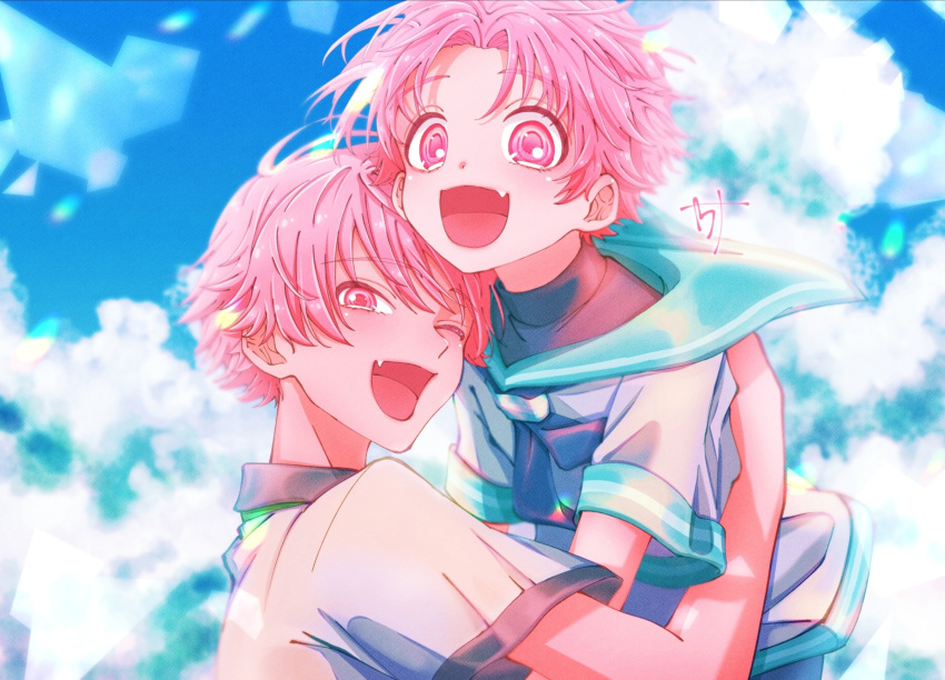 2boys ameto_yukino blue_sky blush brothers day fang highres looking_at_viewer male_focus multiple_boys one_eye_closed open_mouth original outdoors pink_eyes pink_hair sailor siblings sky