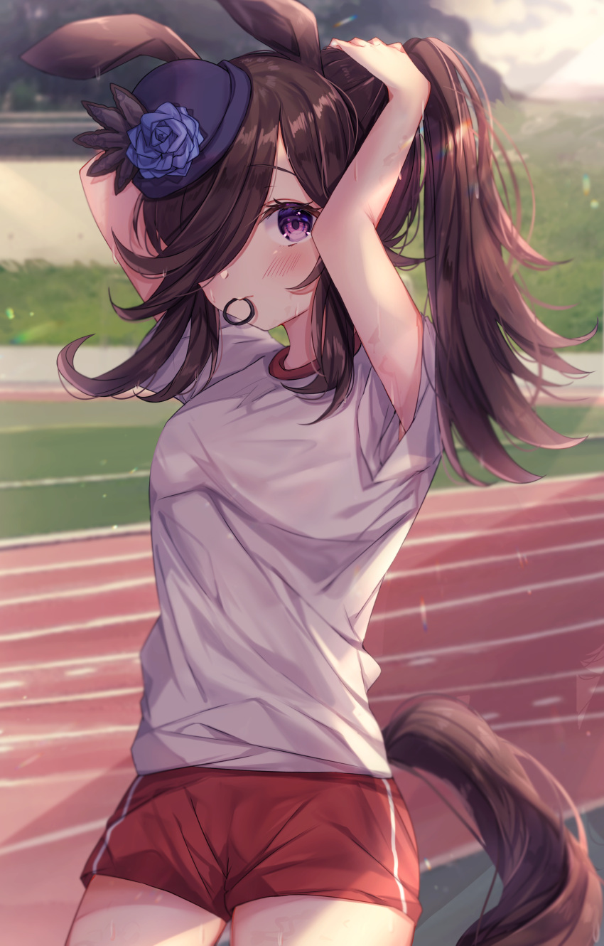 1girl absurdres animal_ears arms_behind_head bangs blue_flower blue_rose blush brown_hair commentary flower gym_shirt gym_shorts gym_uniform hair_over_one_eye hair_tie_in_mouth hat hat_flower highres horse_ears horse_girl horse_tail looking_at_viewer mouth_hold ponytail purple_eyes purple_headwear red_shorts rice_shower_(umamusume) rose running_track shirt short_shorts short_sleeves shorts solo sorashima_(117) sweat tail tying_hair umamusume white_shirt