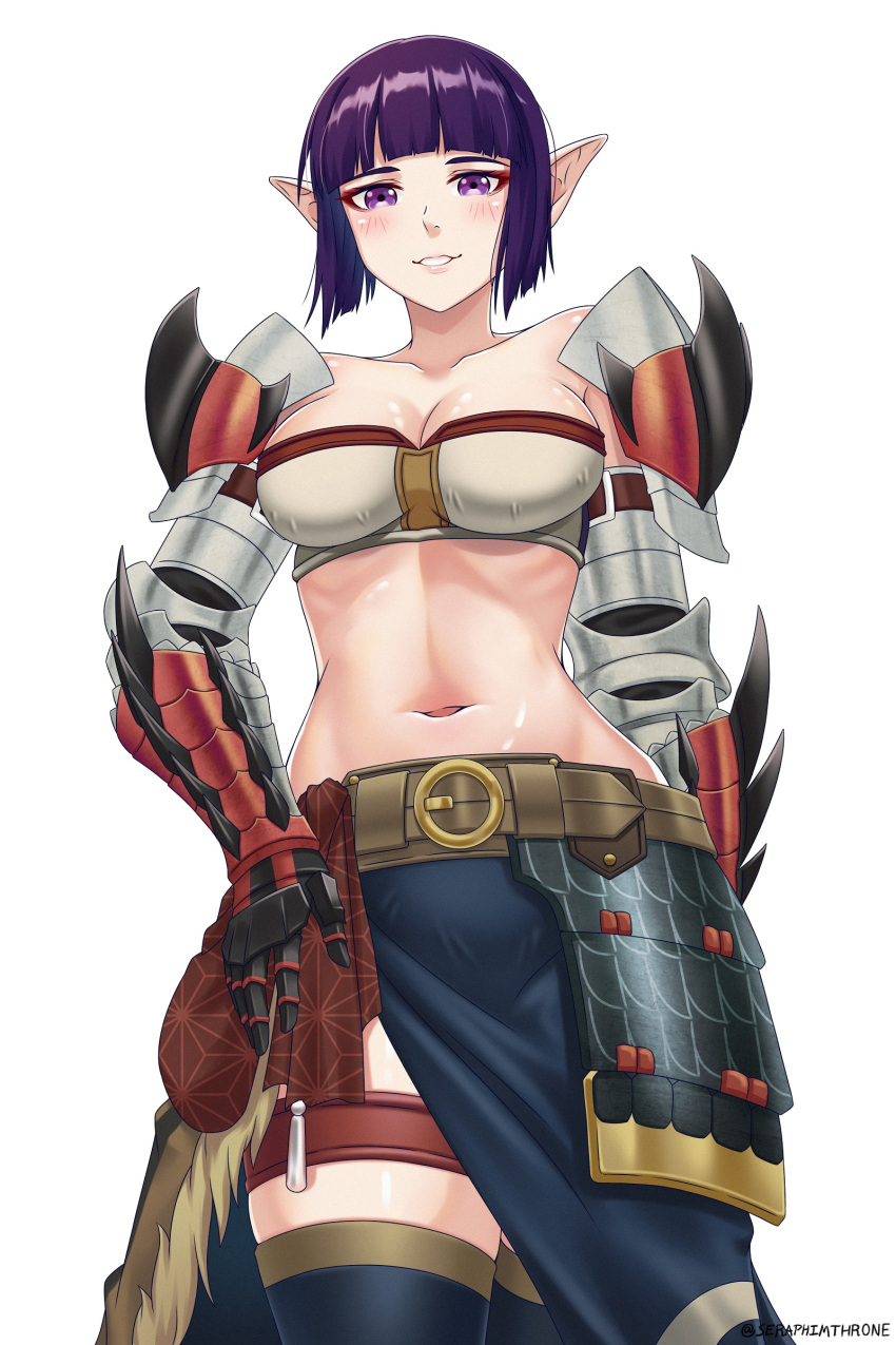 1girl absurdres armor bangs bare_shoulders belt blue_legwear blunt_bangs blush breasts brown_belt cleavage collarbone commentary cowboy_shot elbow_gloves gauntlets gloves groin hand_on_hip highres leg_belt looking_at_viewer medium_breasts midriff monster_hunter_(series) monster_hunter_rise navel parted_lips pointy_ears purple_eyes purple_hair rathalos_(armor) seraphim_throne short_hair shoulder_armor sidelocks simple_background smile solo standing strapless thighhighs tubetop twitter_username waist_cape white_background white_tubetop