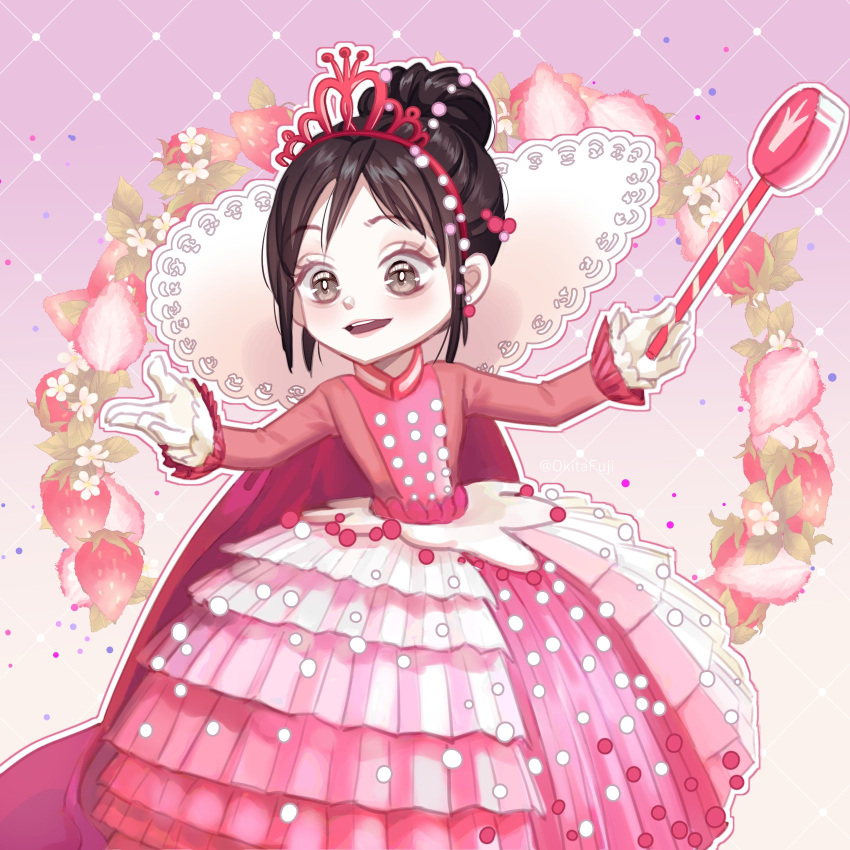 1girl alternate_costume alternate_eye_color argyle argyle_background black_hair candy candy_hair_ornament cape child crown disney dress flower food food-themed_hair_ornament formal frilled_cuffs frilled_dress frilled_sleeves frills fruit gloves grey_eyes hair_bun hair_ornament highres hoop_skirt lollipop mouth_hold okitafuji outstretched_arm outstretched_arms outstretched_hand pearl_(gemstone) pink_background pink_dress princess princess_dress royal scepter smile sprinkles strawberry strawberry_background strawberry_blossoms tiara updo vanellope_von_schweetz white_dress wreck-it_ralph