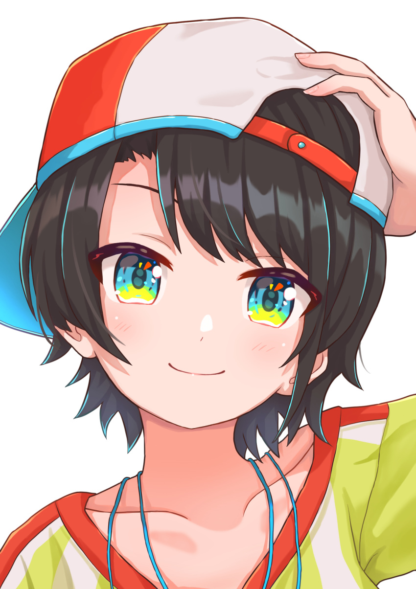 1girl aqua_eyes backwards_hat bangs baseball_cap blush brown_hair close-up closed_mouth collarbone commentary hand_on_headwear hat highres hololive looking_at_viewer oozora_subaru portrait red_headwear shiny shiny_hair shirt short_hair simoumi_217 simple_background smile solo striped striped_shirt swept_bangs t-shirt two-tone_headwear vertical-striped_shirt vertical_stripes virtual_youtuber white_background white_headwear white_shirt yellow_shirt