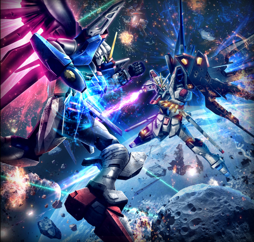 beam_saber clenched_hand destiny_gundam earth_(planet) energy_wings explosion flying gundam gundam_seed gundam_seed_destiny hiropon_(tasogare_no_puu) holding holding_sword holding_weapon mecha mechanical_wings mobile_suit no_humans open_hand planet science_fiction space strike_freedom_gundam sword v-fin weapon wings