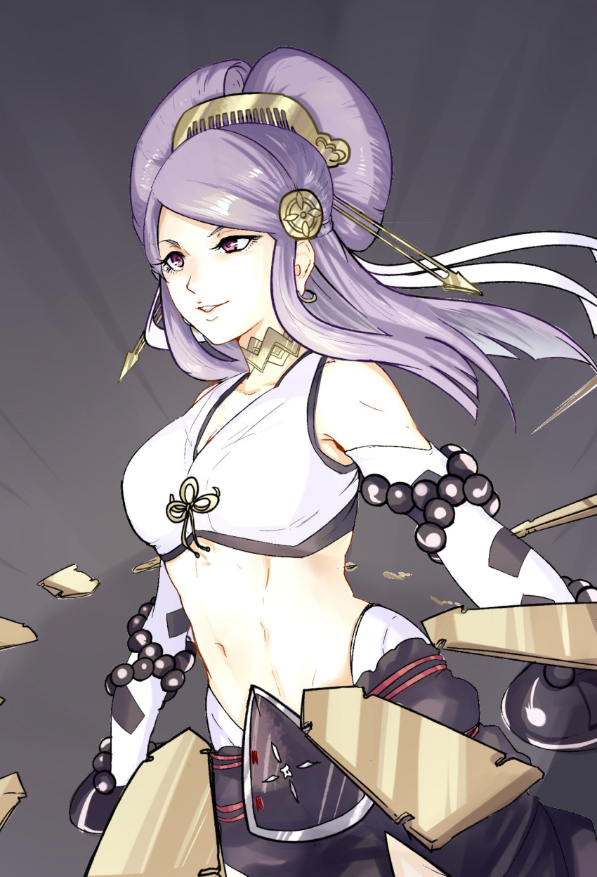 1girl bangs bare_shoulders beads bracelet breasts choker comb double_bun earrings fire_emblem fire_emblem_fates hair_ornament highres japanese_clothes jewelry large_breasts medium_hair midriff misokatsuhaumai orochi_(fire_emblem) purple_hair