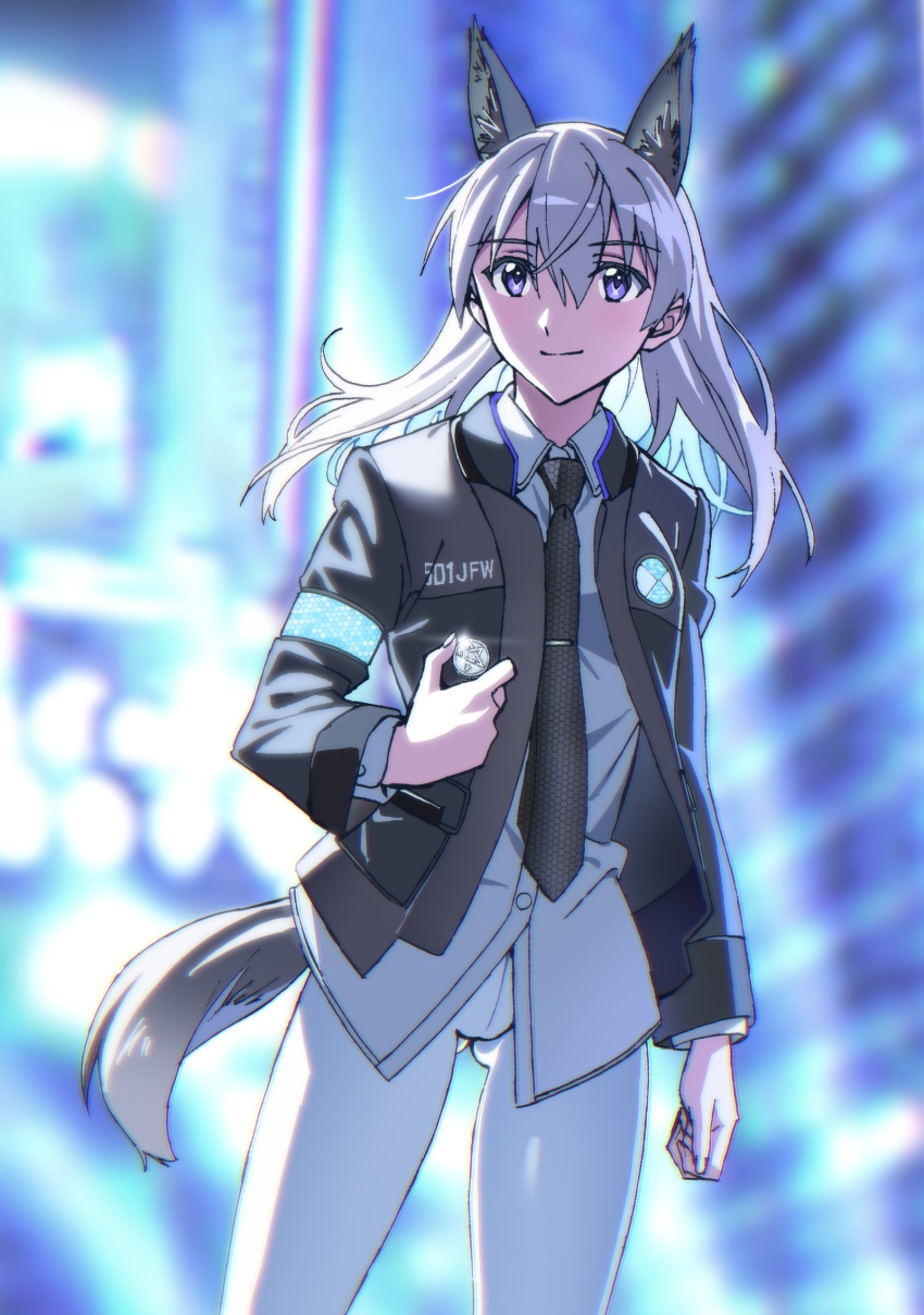 1girl absurdres alternate_costume animal_ear_fluff animal_ears armband ass_visible_through_thighs dog_ears dog_tail eila_ilmatar_juutilainen grey_hair highres kogarashi51 light_smile long_hair necktie pantyhose purple_eyes solo strike_witches tail uniform white_legwear world_witches_series