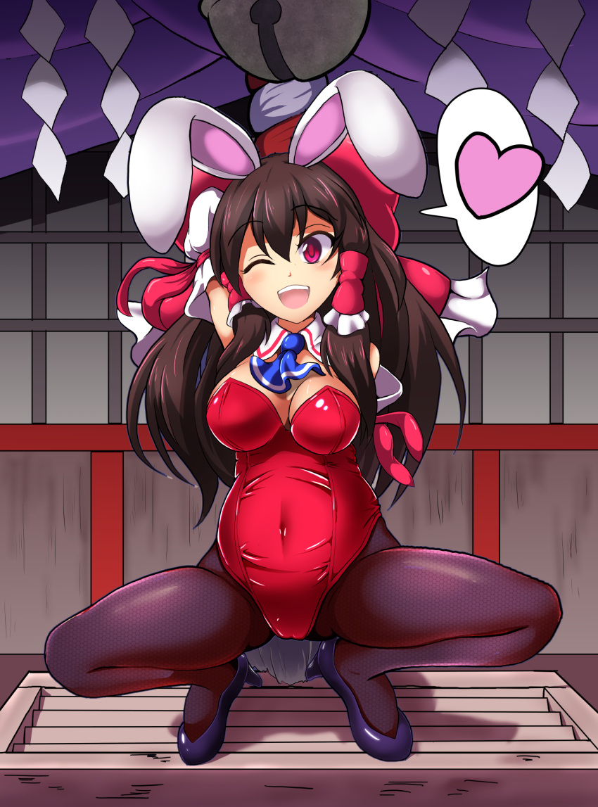 1girl :d ;d animal_ears arm_behind_back arm_behind_head black_footwear black_legwear blue_neckwear blush bow box breasts brown_hair bunny_ears cameltoe cleavage commentary_request covered_navel detached_collar detached_sleeves donation_box fake_animal_ears hair_bow hair_tubes hakurei_reimu heart high_heels highres huge_bow large_breasts leotard long_hair nioti one_eye_closed open_mouth pantyhose playboy_bunny pregnant red_bow red_eyes red_leotard smile solo spoken_heart spread_legs squatting touhou very_long_hair white_sleeves