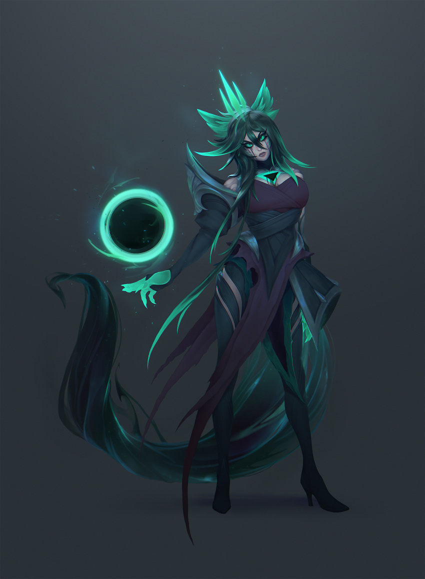 1girl absurdres ahri alternate_costume alternate_eye_color alternate_hair_color angry aura black_hair boots breasts cleavage corruption crown dark_persona evil facial_mark floating floating_object frown glowing glowing_eyes glowing_hand green_eyes green_hair green_theme grey_background high_heels highres laethain league_of_legends long_hair looking_at_viewer magic md5_mismatch multicolored_hair orb possessed resolution_mismatch ruined_king:_a_league_of_legends_story slit_pupils source_smaller standing tail teardrop tears thigh_boots thighhighs viego_(league_of_legends)
