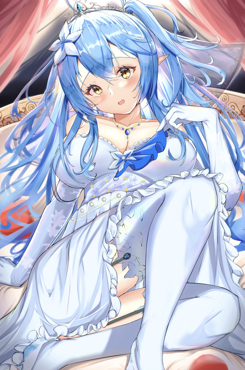 1girl absurdres alternate_hairstyle bangs blue_hair blush breasts cleavage dress elbow_gloves elf eyebrows_visible_through_hair flower frilled_dress frills gloves hair_between_eyes hair_flower hair_ornament hairband highres hololive jewelry lace-trimmed_legwear lace_trim large_breasts long_hair looking_at_viewer lying mitty7 necklace on_back open_mouth pointy_ears snowflake_hair_ornament solo thighhighs tiara very_long_hair virtual_youtuber wedding_dress white_dress white_gloves white_legwear yellow_eyes yukihana_lamy
