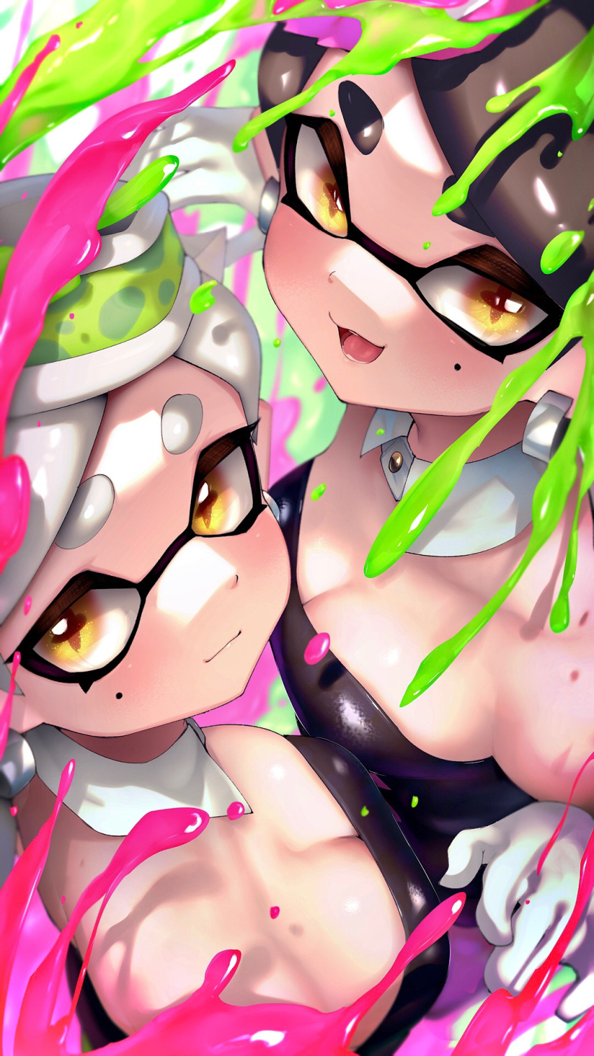 2girls black_hair blush breasts callie_(splatoon) cleavage collar domino_mask earrings gloves graffiti highres ink jewelry kashu_(hizake) marie_(splatoon) mask medium_breasts mole mole_under_eye multiple_girls open_mouth short_eyebrows smile splatoon_(series) splatoon_1 squid_girl tentacle_hair white_gloves white_hair yellow_eyes