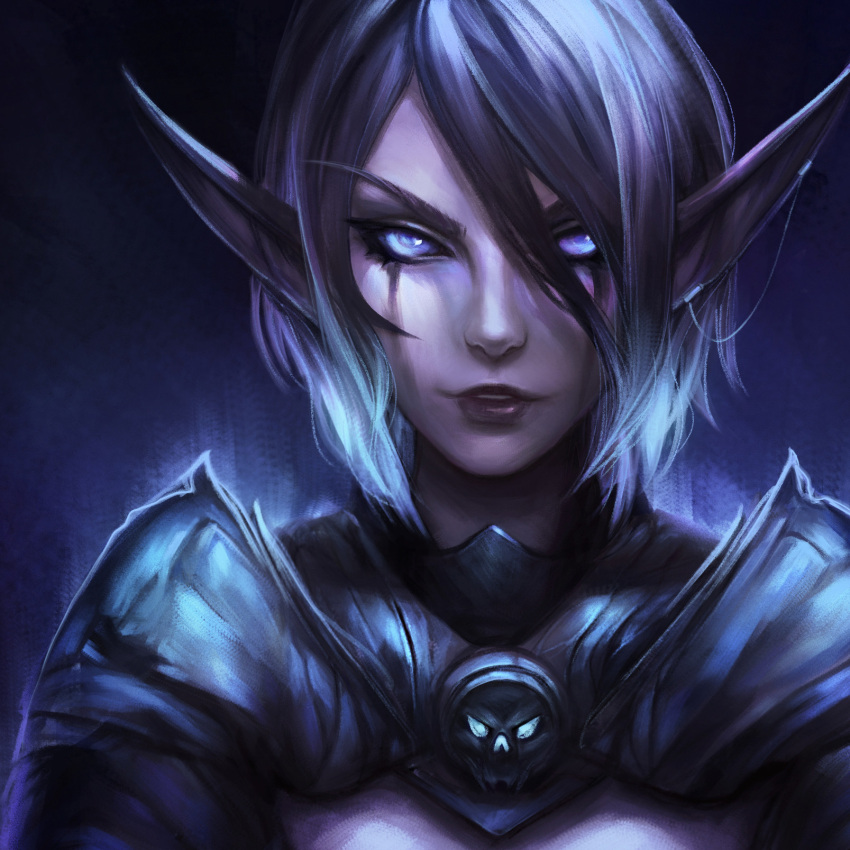 1girl alisa_nilsen armor blue_background blue_sclera colored_sclera death_knight_(warcraft) ear_clip earrings elf grey_hair hair_between_eyes highres jewelry linked_piercing long_eyebrows looking_at_viewer medium_hair night_elf pauldrons piercing pointy_ears purple_eyes shoulder_armor simple_background smile solo upper_body warcraft world_of_warcraft