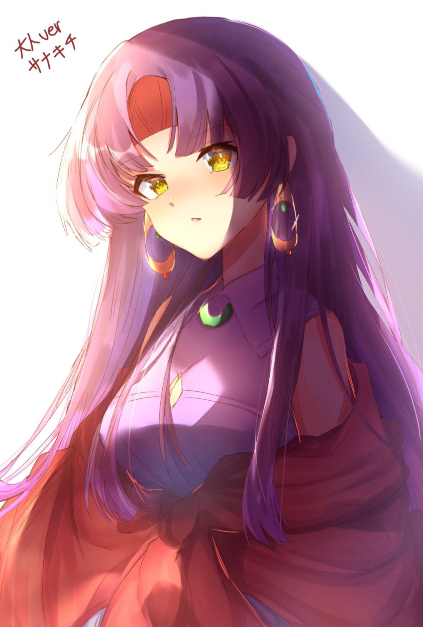 1girl bangs bow earrings edamameoka eyebrows_visible_through_hair fire_emblem fire_emblem:_radiant_dawn headband highres jewelry long_hair looking_at_viewer parted_bangs parted_lips purple_hair red_bow red_headband sanaki_kirsch_altina shirt solo upper_body white_background yellow_eyes
