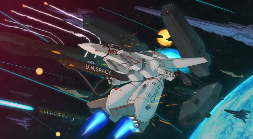 absurdres choujikuu_yousai_macross earth_(planet) explosion firing flying gerwalk gun highres holding holding_gun holding_weapon huge_filesize irino_hakkei macross macross:_do_you_remember_love? mecha open_hand planet science_fiction smoke solo space space_craft variable_fighter vehicle_request vf-1 vf-1s weapon