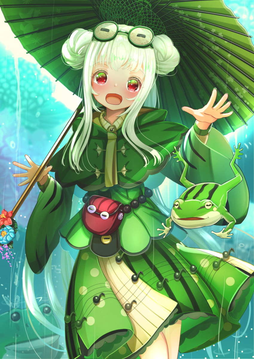 1girl abo_(kawatasyunnnosukesabu) animal animal_costume bag bangs bare_legs blush bracelet coat double_bun eyewear_on_head flower frog frog_costume frog_raincoat green_coat green_hair handbag highres holding holding_umbrella hood hood_down hooded_jacket jacket jewelry light_blush light_green_hair medium_hair multicolored multicolored_eyes musical_note nature oil-paper_umbrella open_mouth original raincoat reaching_out red_bag solo sparkling_eyes umbrella