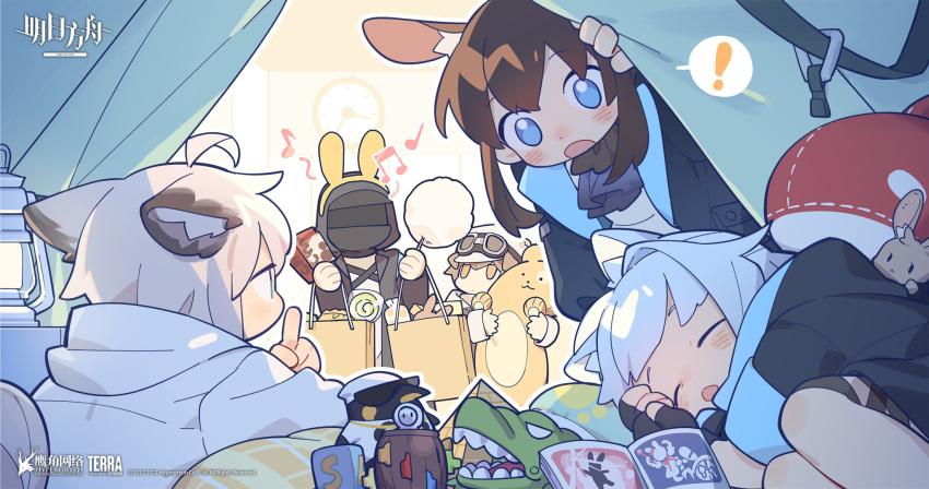 ! 1boy 1other 3girls ahoge ambiguous_gender amiya_(arknights) animal_ears arknights bag bangs beamed_eighth_notes blue_eyes blush book brown_hair bunny_ears cat_ears character_doll chinese_commentary clock closed_eyes copyright_name cotton_candy doctor_(arknights) dog_ears extra_ears fake_animal_ears finger_to_mouth food fox_ears goggles goggles_on_head greyy_(arknights) hakugeiken highres holding holding_bag holding_food holding_stuffed_toy hood hood_down inflatable_orca inflatable_toy jacket lamp lantern long_hair looking_at_another multiple_girls musical_note official_art open_mouth pyramid rosmontis_(arknights) short_hair shushing silver_hair sleeping spoken_exclamation_mark stuffed_animal stuffed_bunny stuffed_toy sussurro_(arknights) sweets tent the_emperor_(arknights) toy watermark white_hair white_jacket yellow_eyes