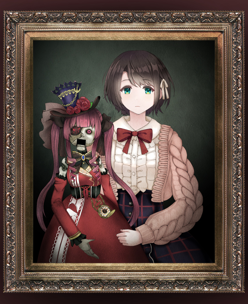 1girl absurdres angie_(resident_evil) black_hair black_neckwear bow bowtie cardigan cosplay crack detached_sleeves doll_joints dress expressionless eyepatch fuwanian gothic_lolita green_eyes highres hololive houshou_marine houshou_marine_(cosplay) joints lolita_fashion meme_attire oozora_subaru open_cardigan open_clothes picture_frame pink_cardigan pocket_watch puppet red_dress red_eyes red_hair red_neckwear red_sleeves resident_evil resident_evil_village shirt short_hair virgin_killer_outfit virtual_youtuber watch white_shirt