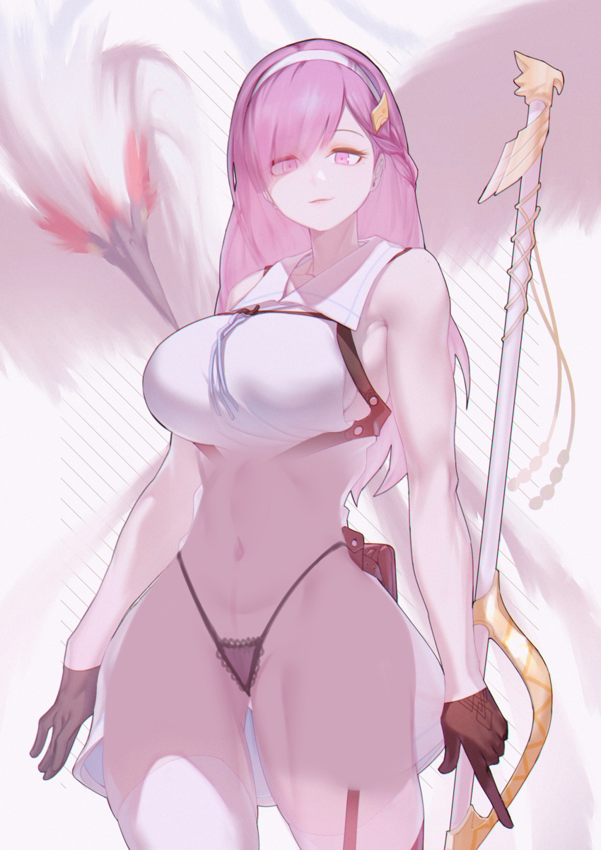 1girl absurdres belt belt_pouch bird black_gloves breasts character_request chest_harness copyright_request dress garter_straps gloves hairband half_gloves harness highleg highleg_panties highres holding holding_staff jin_rou large_breasts long_hair looking_at_viewer micro_panties midriff novel_illustration official_art original panties pink_eyes pink_hair pouch sleeveless sleeveless_dress smug staff standing thighhighs thighs underwear white_legwear x-ray