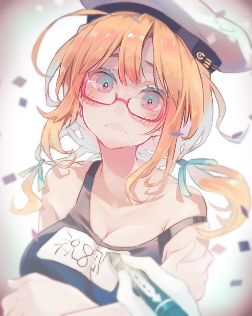 1girl ahoge bangs blonde_hair blue_swimsuit blush breasts cleavage closed_mouth confetti crossed_arms frown glasses gloves hair_ribbon hat highres i-8_(kancolle) kantai_collection large_breasts long_hair low_twintails name_tag one-piece_swimsuit red-framed_eyewear ribbon ruohire9 school_swimsuit sidelocks simple_background solo_focus sweat swimsuit twintails white_gloves white_headwear writing
