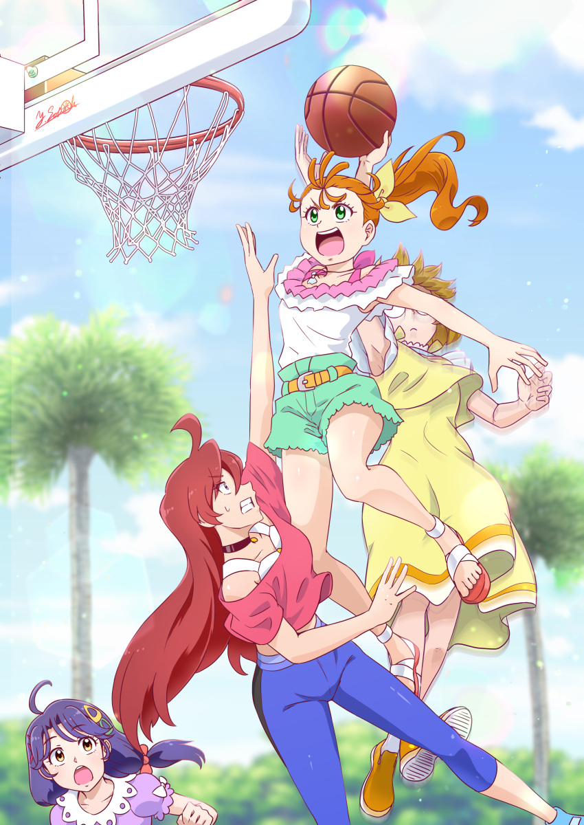 4girls absurdres basketball basketball_hoop blurry blurry_background choker dress highres ichinose_minori jumping lens_flare multiple_girls natsuumi_manatsu outdoors pants ponytail precure satou_yasu signature sky suzumura_sango takizawa_asuka tree tropical-rouge!_precure